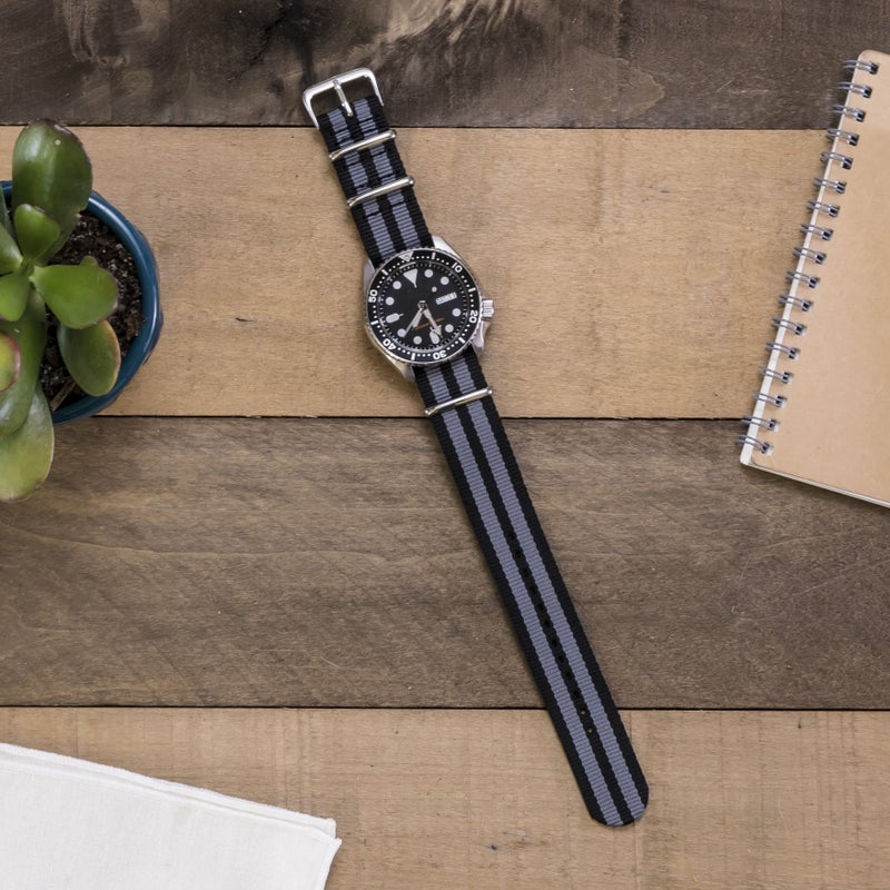 Benchmark Basics Nylon Watch Band - Waterproof Ballistic Nylon One-Piece Military Watch Straps for Men & Women - Choice of Color & Width - 18mm, 20mm, 22mm or 24mm (20mm, Black/Grey Bond Striped) - Image 4